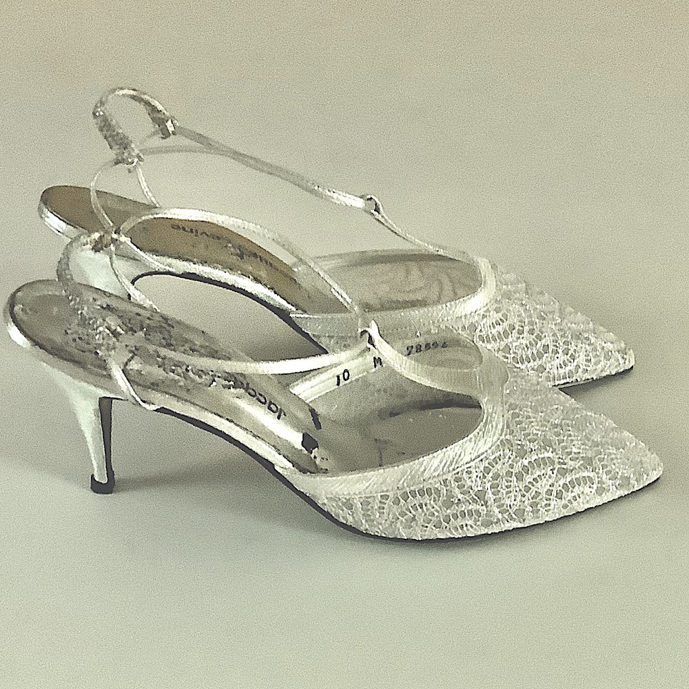 Vintage Silver Metallic Leather Lace Sling Back Heels 2 1/2” USA Jacques Levine